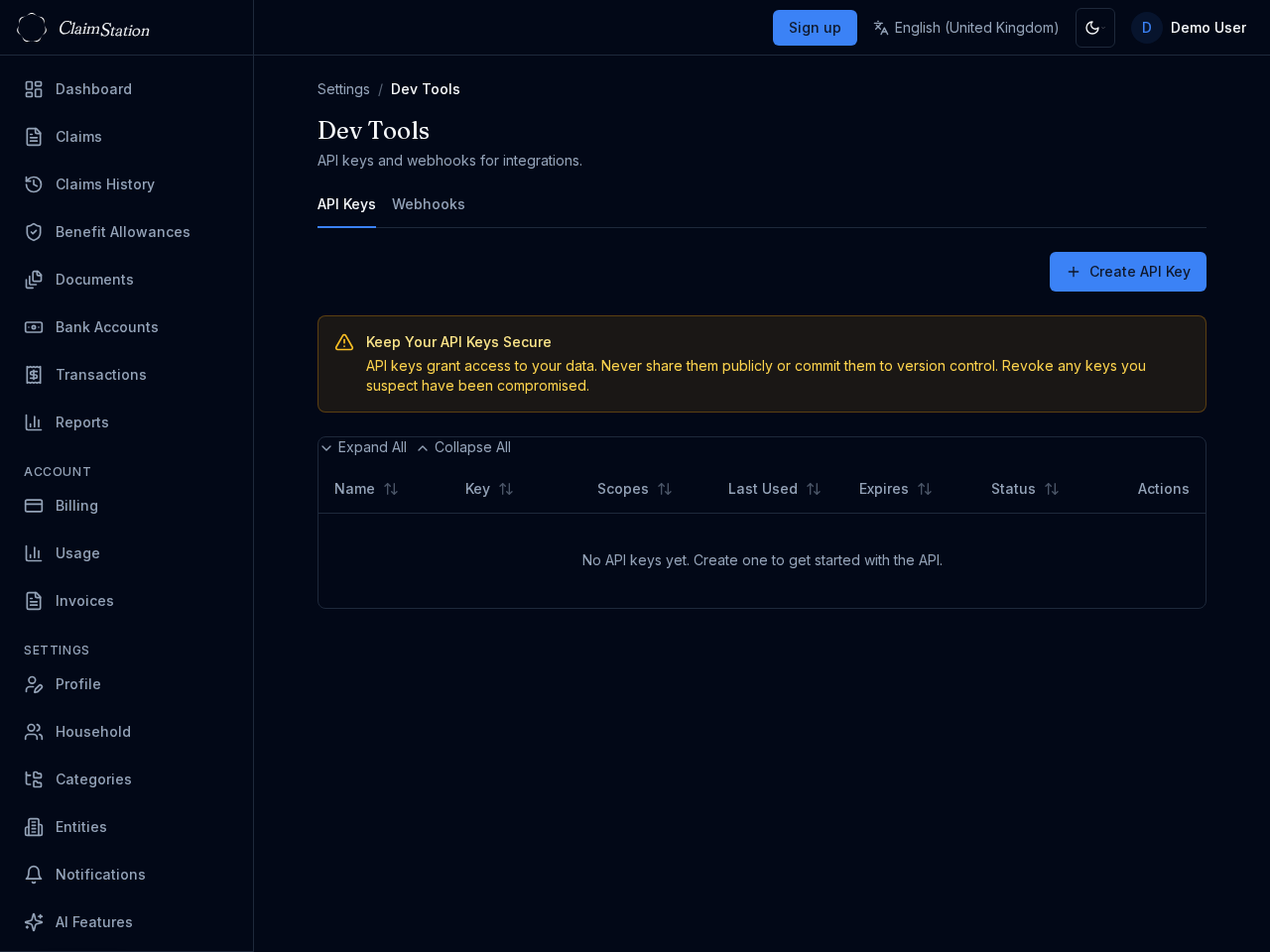 ClaimStation Settings Dev Tools API Keys